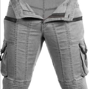 Slim fitting jean shorts with leather accents